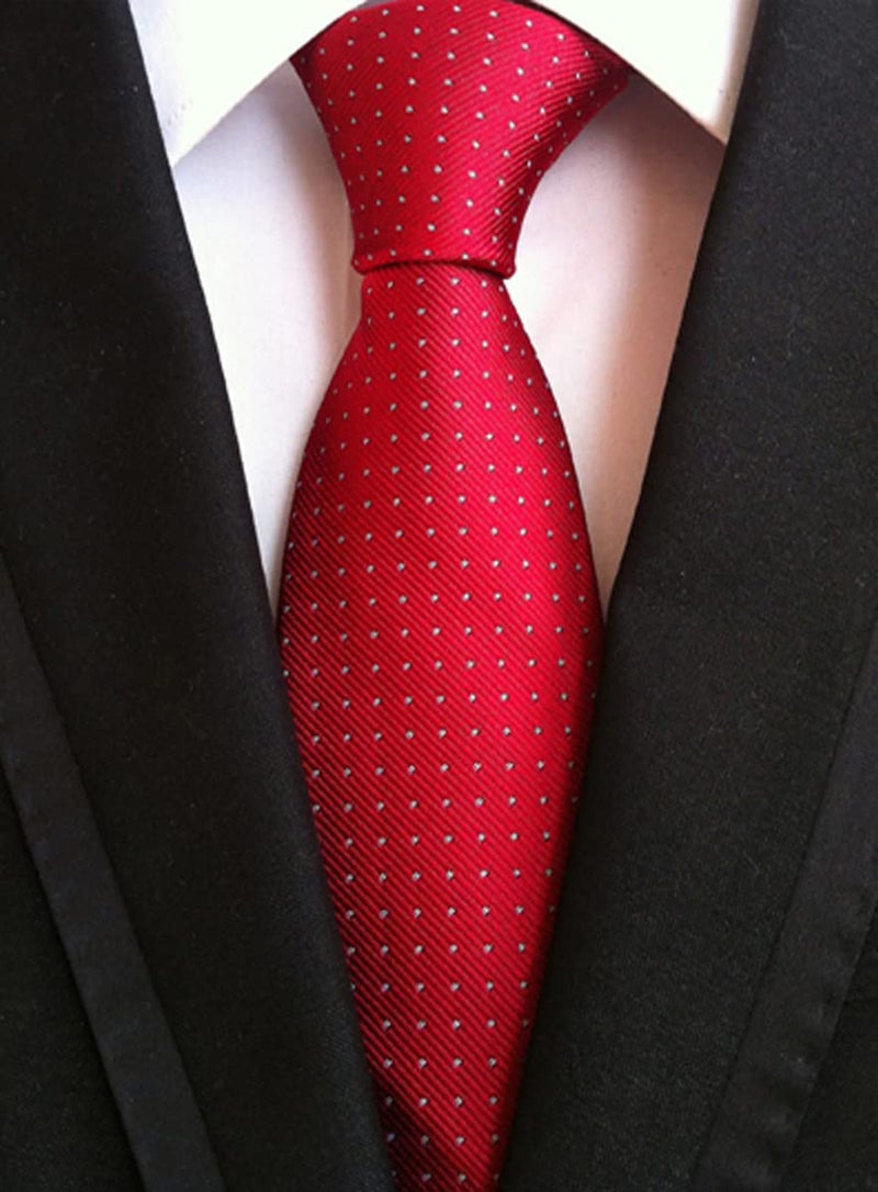 Secdtie Mens Big Boy Solid Cherry Red Tie with White Pin Dot Summer Woven Formal Necktie - Image 2